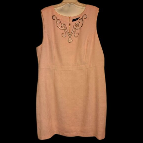 Ellen Tracy Dress 22W Light Pink Embroidered Beaded Zip Up Office Wedding Tea - Picture 1 of 11